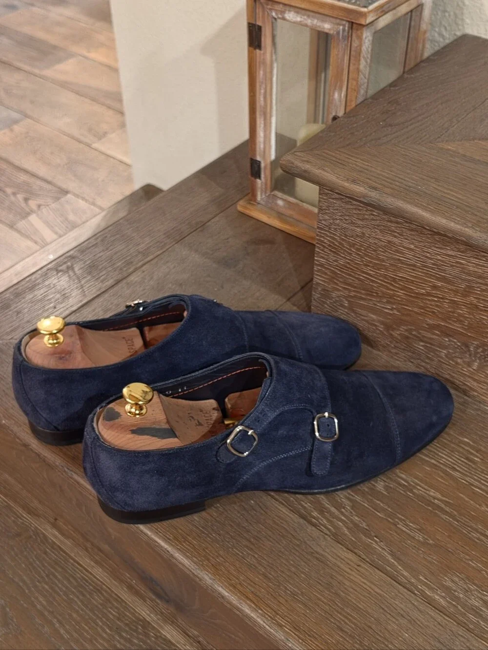 Santoni Navy Suede Double Monk Strap Shoes